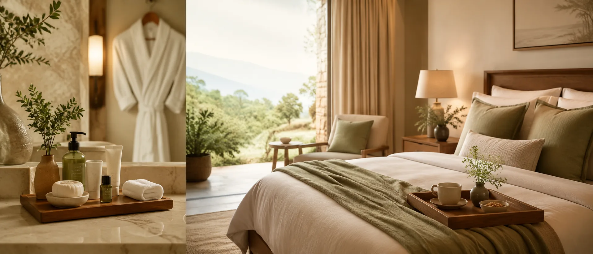 Boutique lodge bathroom amenities and guest suite setting