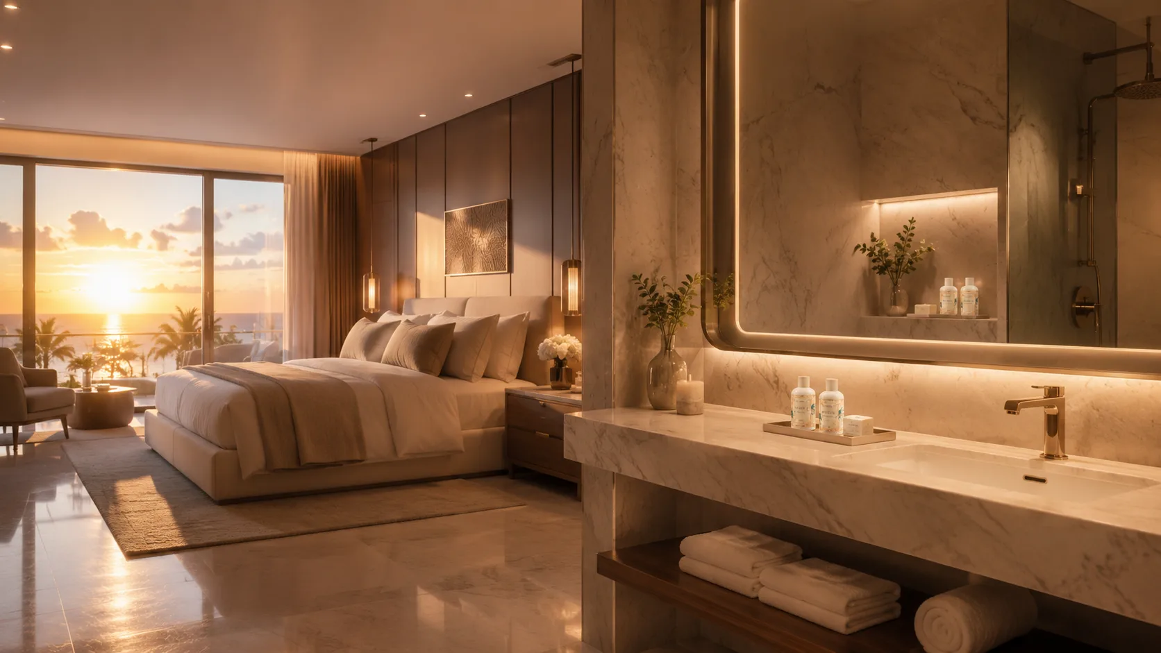 Luxury hotel suite with bathroom amenities at sunset