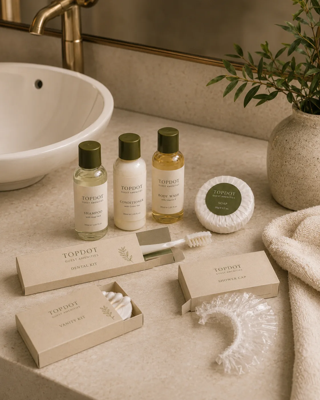 TopDot bathroom amenity set arranged on a bathroom counter