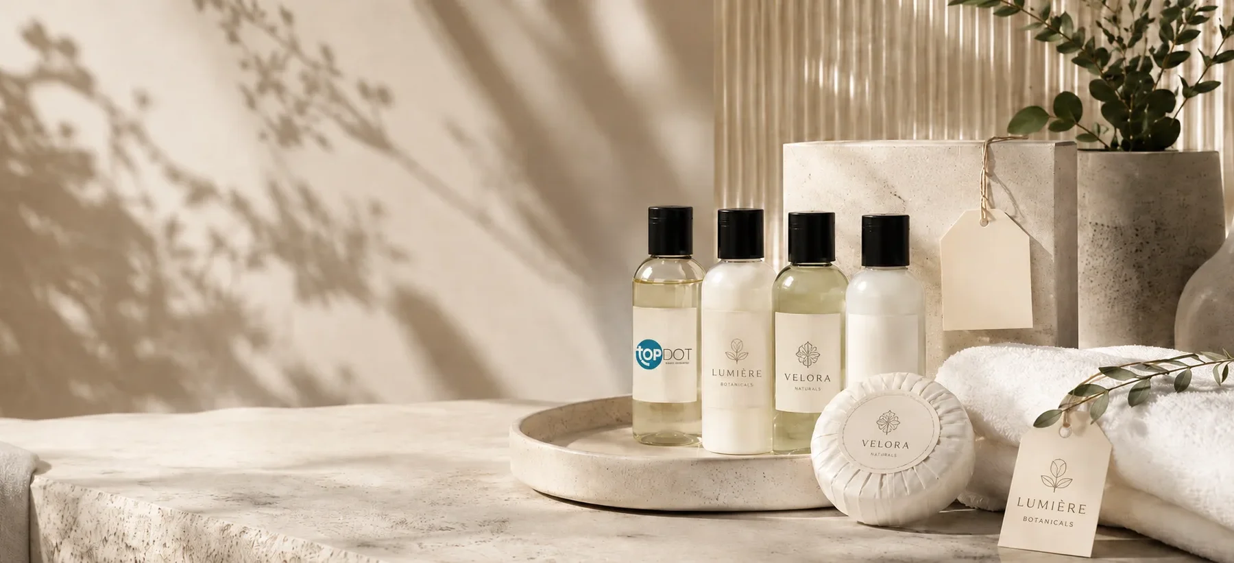 Custom branded TopDot guest amenity bottles arranged for hotel supply