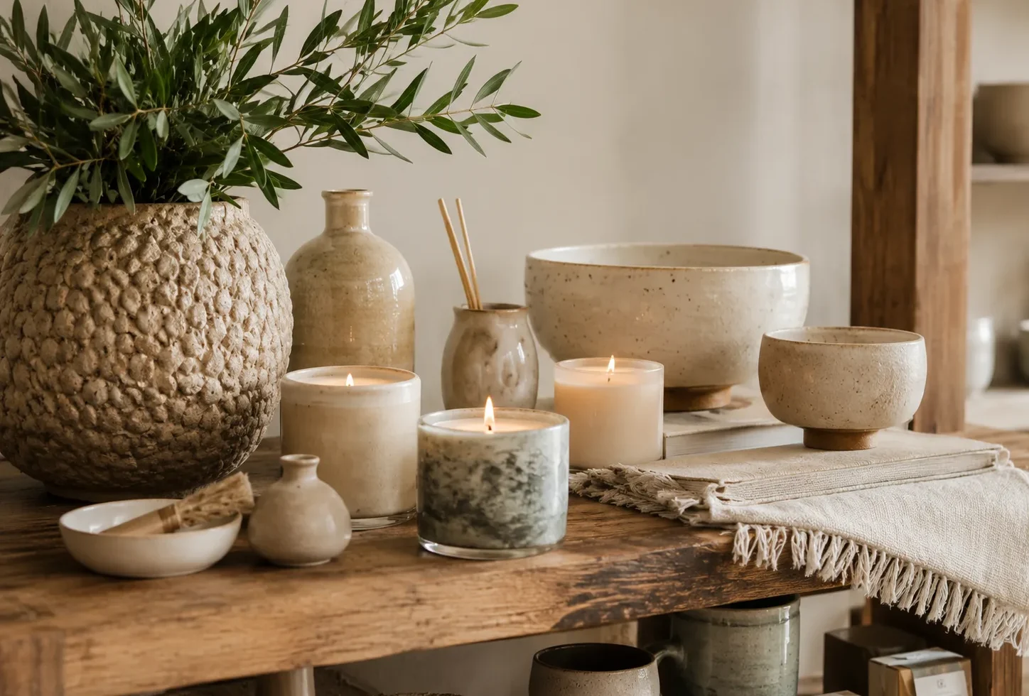 Curio shop candles soaps and ceramics styled for hospitality retail shelves