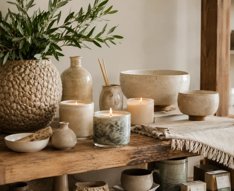 Curio shop candles soaps and ceramics styled for hospitality retail shelves