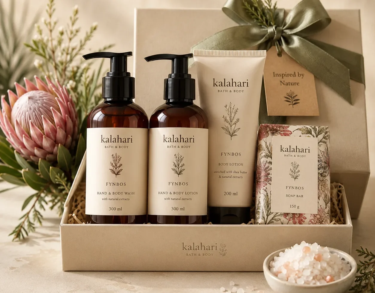 Kalahari bath and body gift set with natural hospitality packaging