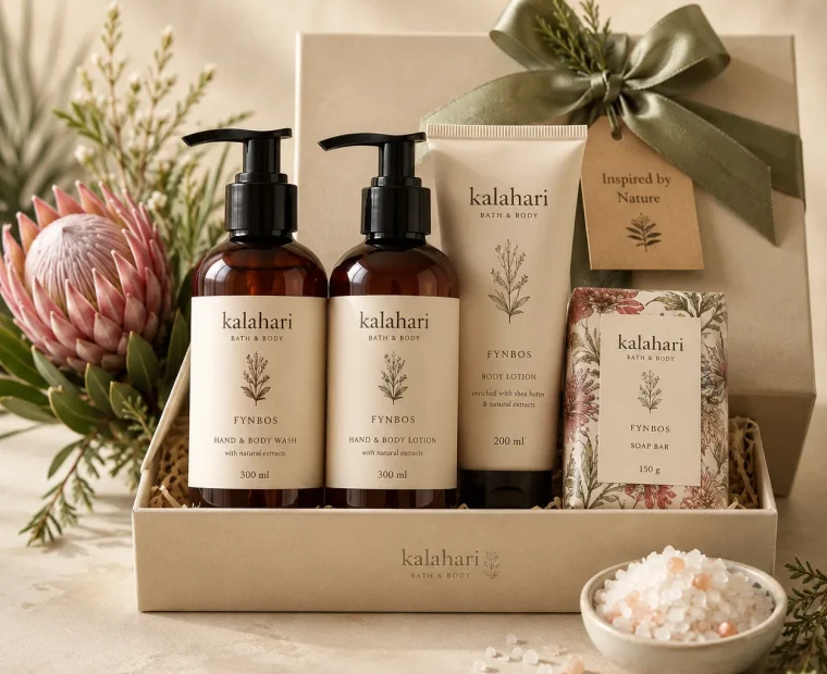 Kalahari bath and body gift set with natural hospitality packaging