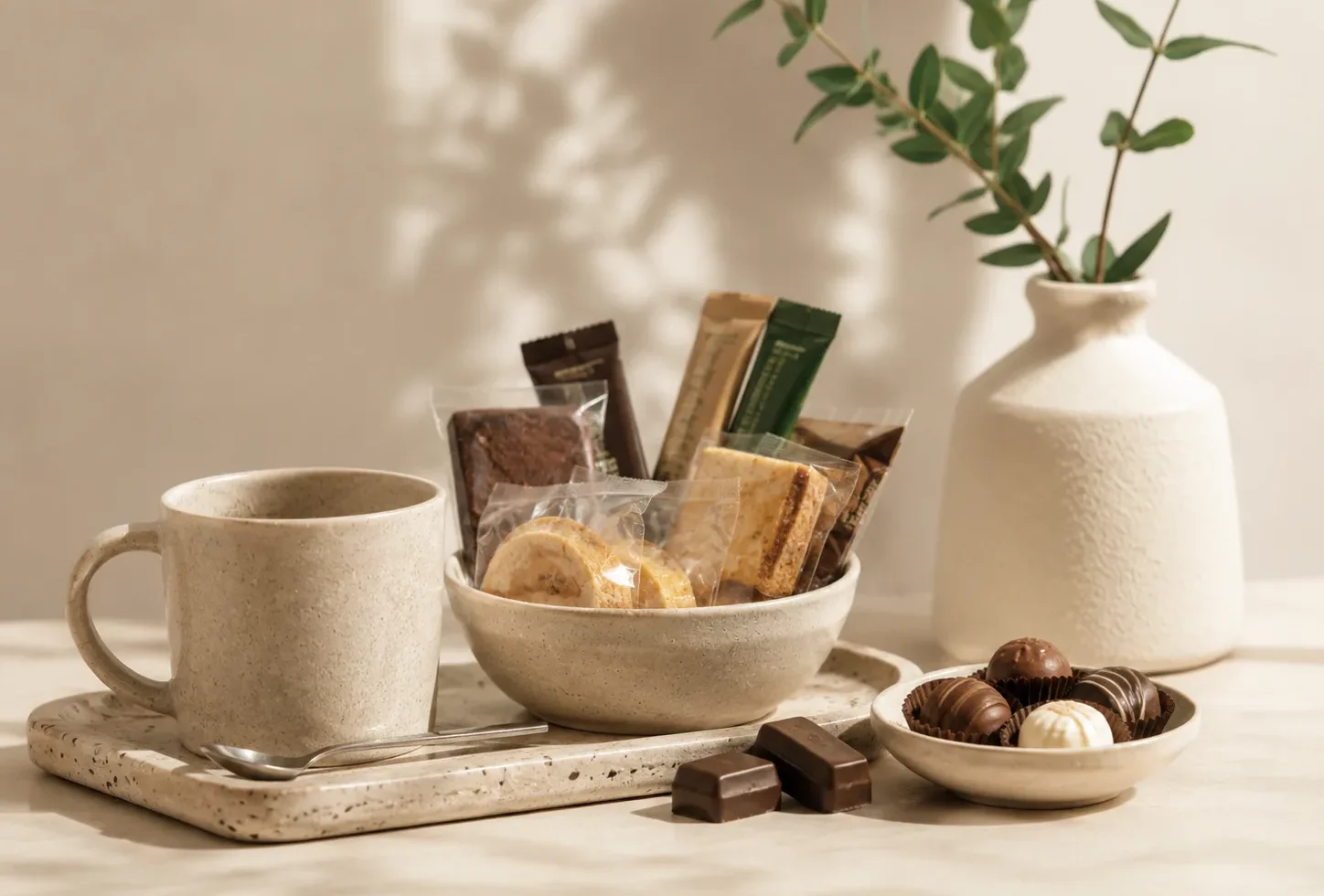 Minibar snacks chocolates and turndown treats displayed for guest rooms