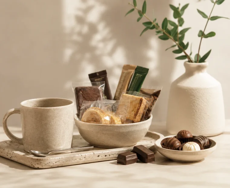 Minibar snacks chocolates and turndown treats displayed for guest rooms
