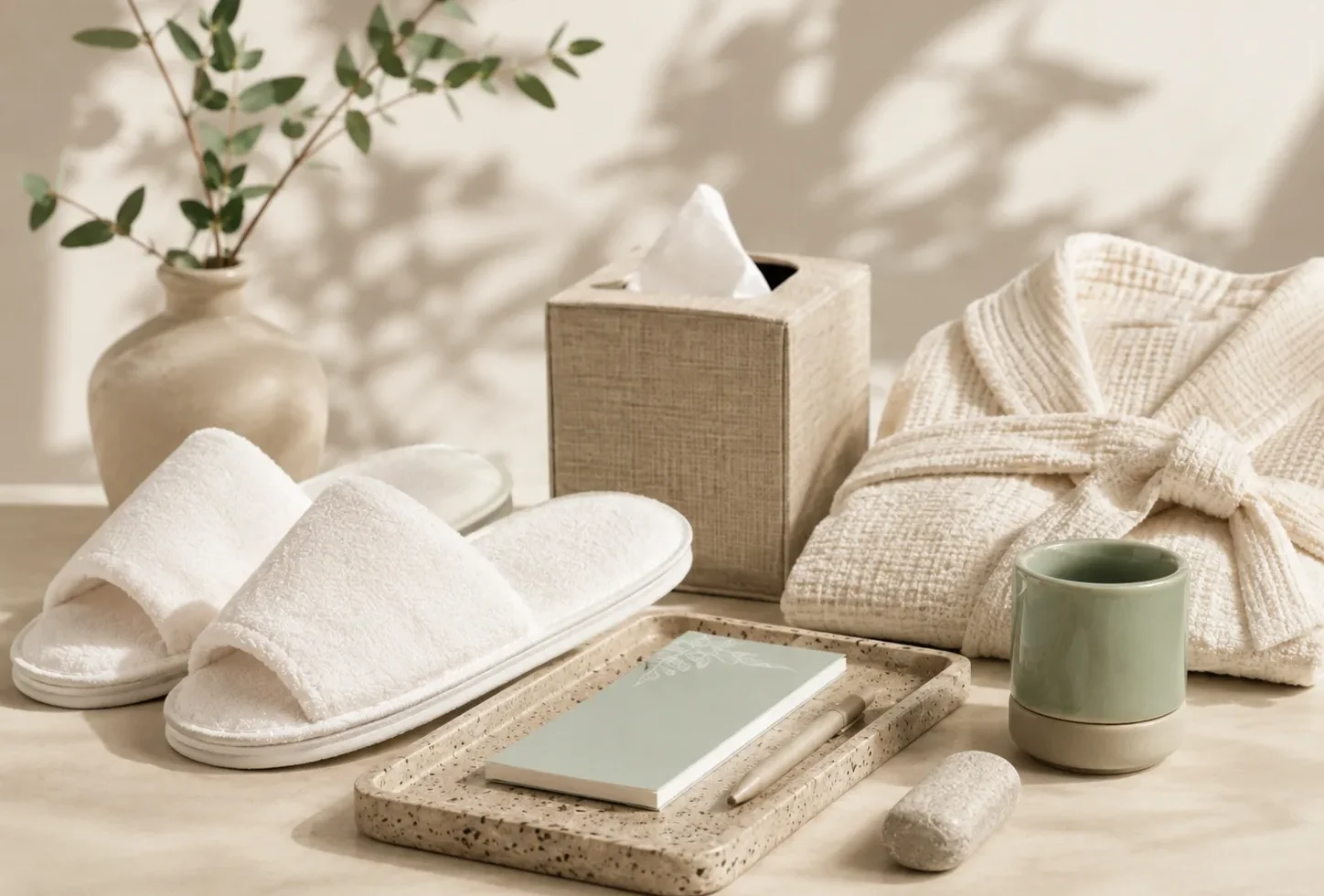 Boutique room comfort accessories with slippers robe tray and guest details