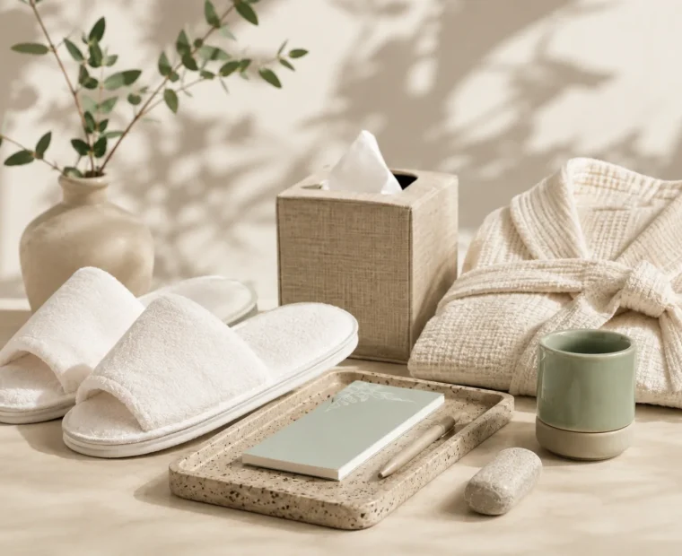 Boutique room comfort accessories with slippers robe tray and guest details