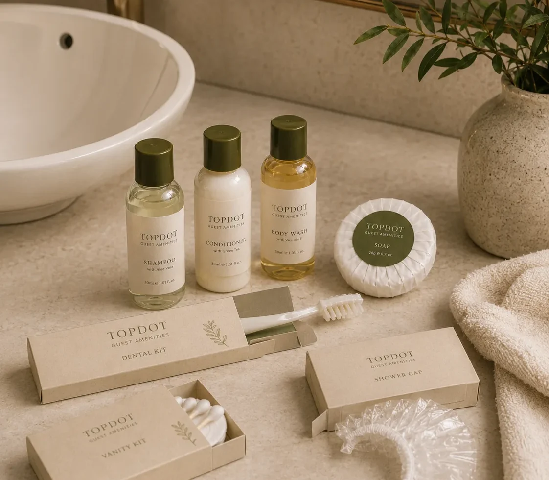TopDot bathroom amenities arranged beside towels and guest accessories
