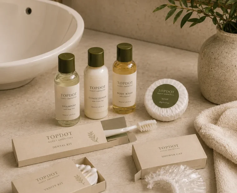 TopDot bathroom amenities arranged beside towels and guest accessories