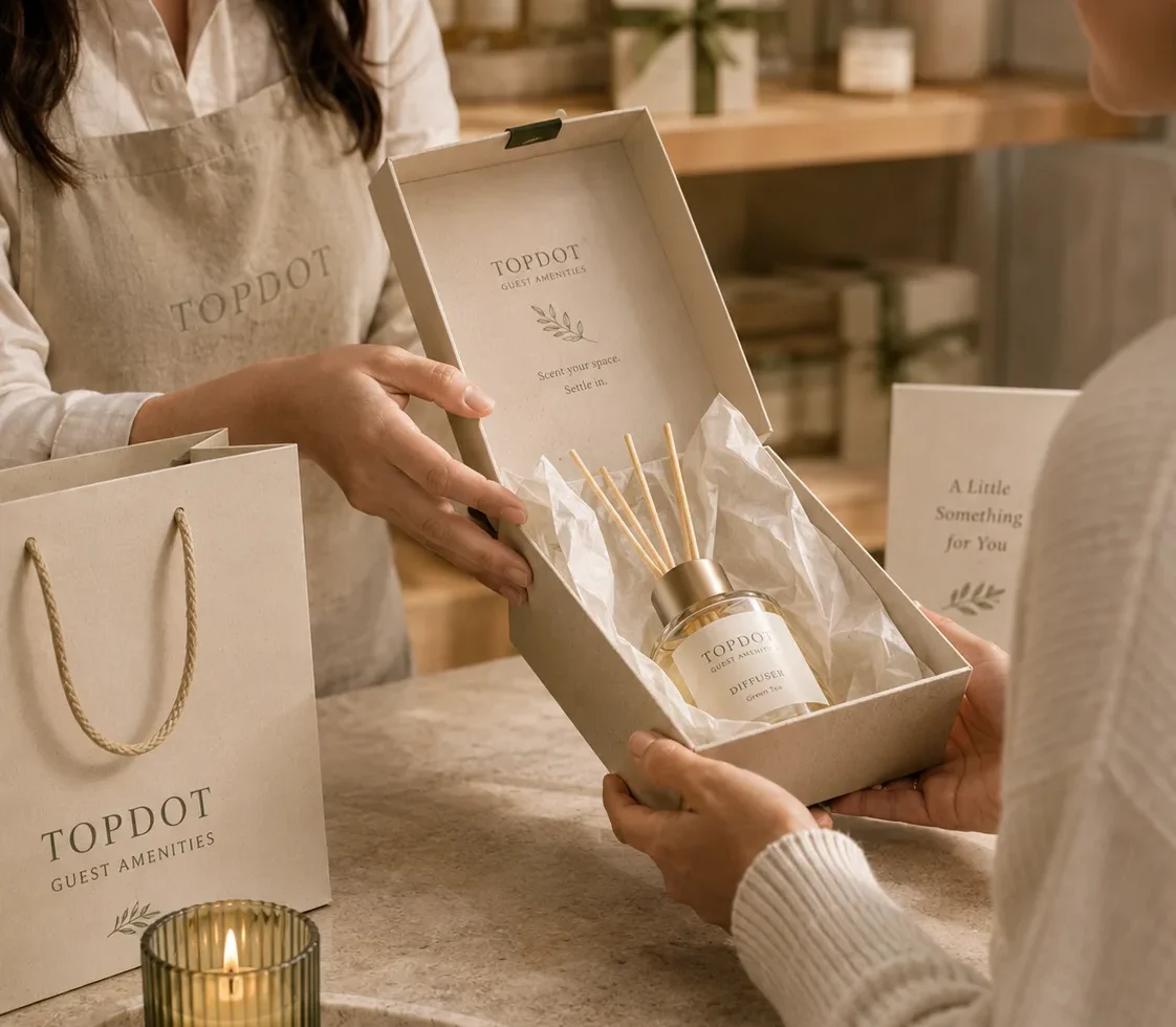 TopDot room mist and diffuser gift box presented at a boutique counter