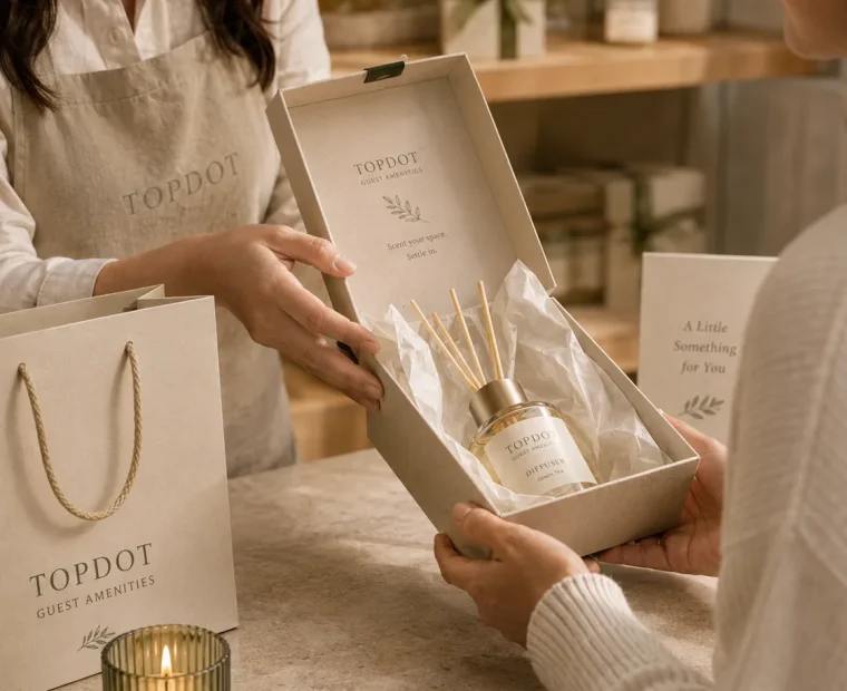 TopDot room mist and diffuser gift box presented at a boutique counter