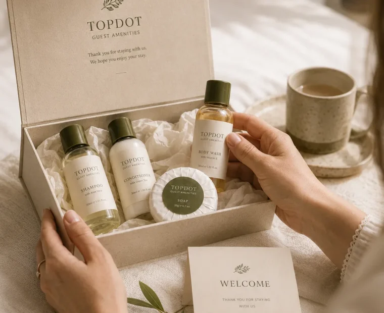 TopDot sample box with guest bathroom amenity products on a luxury bed
